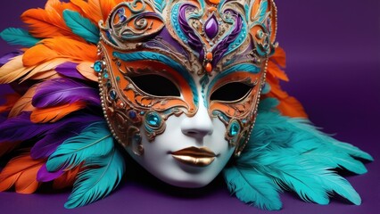 A vibrant masquerade mask adorned with intricate designs rests at the center of a colorful array of feathers