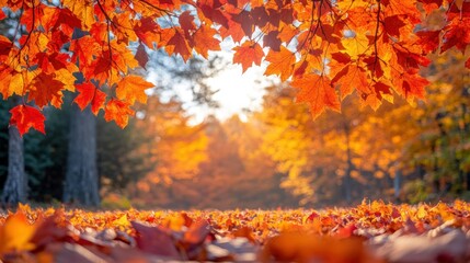Autumnal forest canopy with vibrant foliage. Sunlight filters through colorful leaves, casting a warm glow on the fallen leaves below