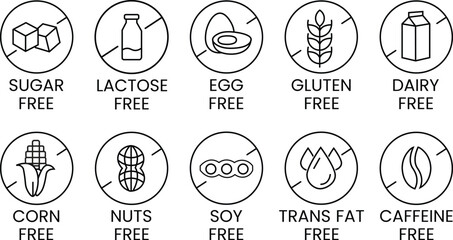 Set allergen free icons. Allergen free products. Products warning symbols. Lactose, gluten, sugar, corn, egg, trans fat, soy, nuts free, caffeine sign.