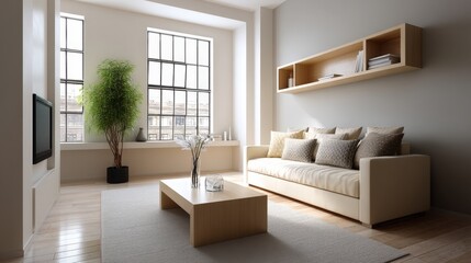 Functional design and space efficiency, modern simplicity, A modern living room featuring a cozy couch, wooden furniture, large windows, and a potted plant, creating a bright and inviting atmosphere.