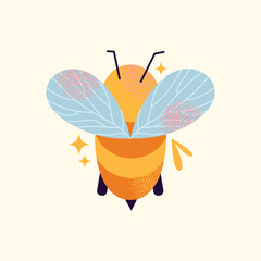 Cartoon bees set with blue wings and pink cheeks flying and holding honey bucket isolated on background. Bee and honey concept illustration
