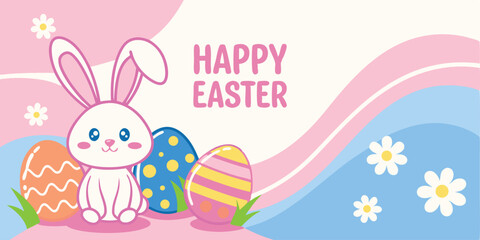 Cute Easter Bunny with Colorful Eggs Vector Image Graphic Art Illustration of Easter