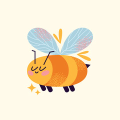 Cartoon bees set with blue wings and pink cheeks flying and holding honey bucket isolated on background. Bee and honey concept illustration