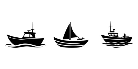 boat on the water, Maritime ships black silhouette. Vector icon set of ship at sea, sail boats, yacht, passenger liner, sailboat, cruiser and cargo ships. Water ocean transport boat in flat style. Sea