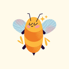 Cartoon bees set with blue wings and pink cheeks flying and holding honey bucket isolated on background. Bee and honey concept illustration