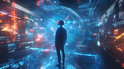 A digital artist using Smart Objects, layers unfolding like floating holograms, futuristic studio setting