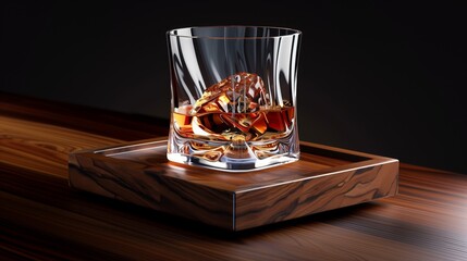 A glass of amber liquid on a wooden tray at a bar event