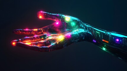 A cybernetic hand reaching out, each finger representing a hexadecimal color, glowing RGB veins under the skin