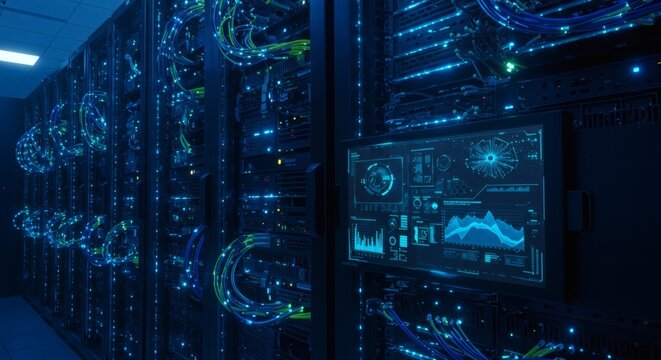 A view of server racks with glowing blue cables and a monitor displaying data visualizations in a datacenter - Powered by Adobe