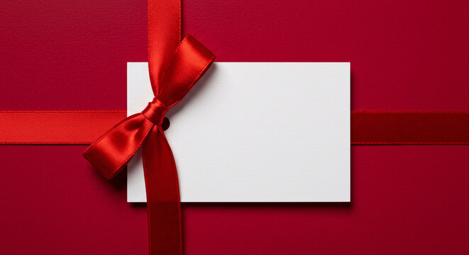 Blank White Gift Tag with Red Ribbon Bow &ndash; Festive Holiday Greeting or Wrapping Element

