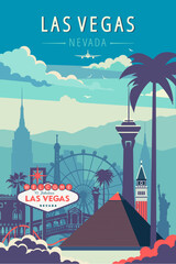 las vegas city landmarks retro vector illustration, usa