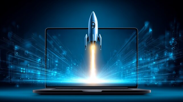 Rocket lifts off from laptop screen with trails, on dark futuristic background