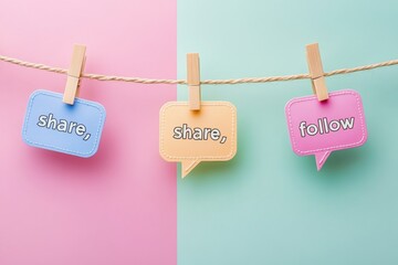 Social media share, follow messages on a clothesline, pastel background