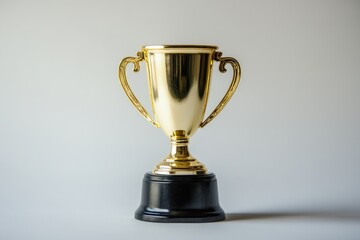 A gleaming golden trophy with two ornate handles sits on a black base against a plain white background.