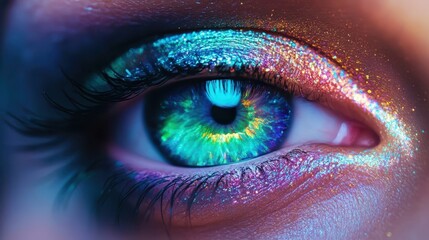 Fototapeta premium Close-up of a vibrant, colorful eye with dramatic makeup.