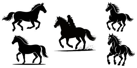 horses on white background, horse silhouette set. horse different poses isolated farm animal silhouette icon vector collection. Vector illustration, Collection of horse silhouettes set vector.