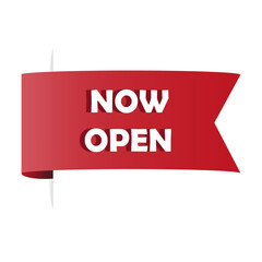 Now open banner. Grand opening ribbon. Vector announcement label. Red promotional shape.