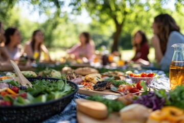 A group of friends enjoy a delightful outdoor picnic with a variety of delicious food and drinks.