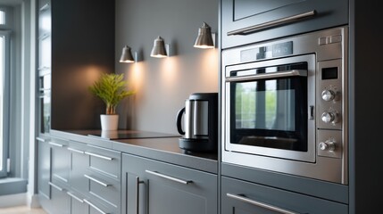 Fototapeta premium Functional design and space efficiency, modern simplicity, A modern kitchen featuring sleek cabinetry, contemporary appliances, and stylish lighting, creating a functional and aesthetic cooking space.