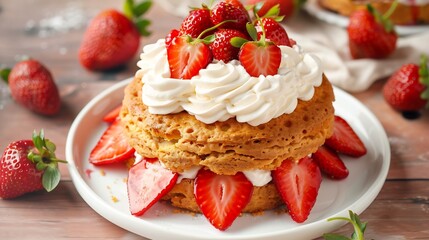 Strawberry shortcake whipped cream and fresh berries classic summer American dessert on white plate