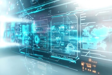 Abstract futuristic digital interface with glowing blue lines, data streams, and world map, representing global network and data visualization.