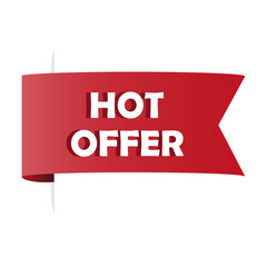 Red ribbon banner. Hot offer text. Promotional vector tag. Bold shape graphic.
