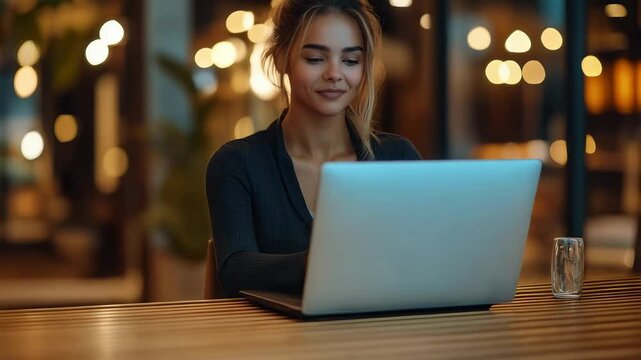 Young woman smiles while working on laptop in cozy coffee shop during evening hours - Powered by Adobe