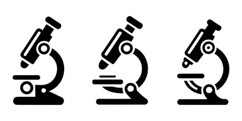 Microscope silhouette icon set vector on whtie background, An illustration featuring a black microscope silhouette set against a clean white background depicting a laboratory microscope with detailed.