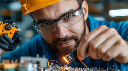 Expert technicians repairing pcb chip components in a high-tech workshop focused work environment close-up viewpoint electronics maintenance