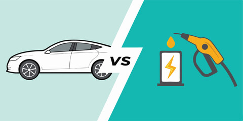 Vector Image Graphic Art Illustration of Electric Car vs Gasoline Fuel Pump Comparison