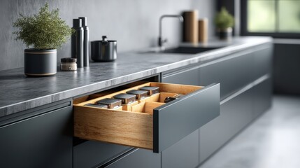 Functional design and space efficiency, modern simplicity, A modern kitchen with a sleek design, featuring a drawer open to reveal organized spice jars and minimalist decor.