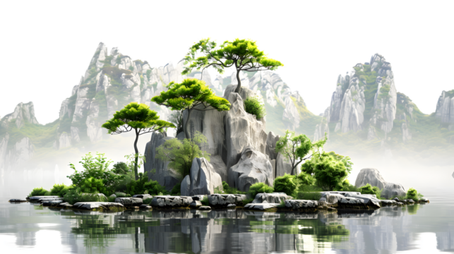 Serene Judian Lake Scenic Area on Isolated White Background - Stock Image