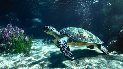 Fototapeta premium una tortuga marina nadando dentro del oceano del mar junto a un arrecife de coral vida marina salvaje de la naturaleza