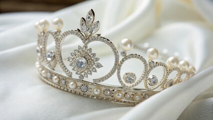 A silver crown with pearls and diamonds on a white satin fabric for a royal and elegant look...