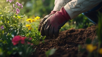 Backyard gardening scene with blooming flowers high resolution picture