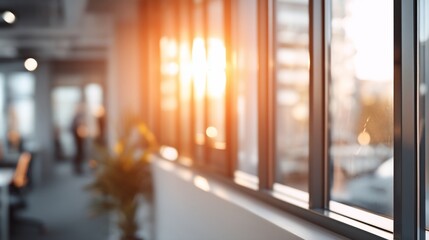 Sunlit modern office, with blurred details, creates a serene atmosphere