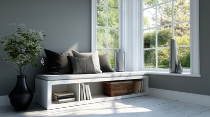 Functional design and space efficiency, modern simplicity, A modern interior featuring a cozy window seat, cushions, a potted plant, and decorative vases, illuminated by natural light.