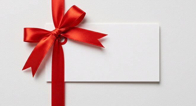 Blank White Gift Tag with Red Ribbon Bow &ndash; Festive Holiday Greeting or Wrapping Element


