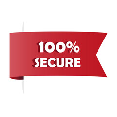 Secure ribbon label. One hundred percent text. Vector red banner. Safety guarantee message.