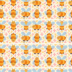 Cartoon bees seamless pattern with blue wings and pink cheeks flying and holding honey bucket isolated on background. Bee and honey concept illustration
