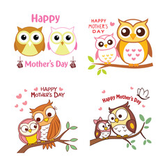 
Cute Mother's Day Owl Card  Cartoon Mom and Baby Animals
