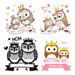 
Cute Mother's Day Owl Card  Cartoon Mom and Baby Animals