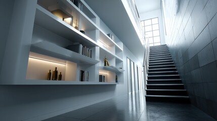 Functional design and space efficiency, modern simplicity, A modern interior featuring sleek shelves, books, and a staircase bathed in natural light, creating a stylish and minimalist atmosphere.