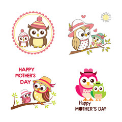 
Cute Mother's Day Owl Card  Cartoon Mom and Baby Animals
