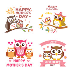 
Cute Mother's Day Owl Card  Cartoon Mom and Baby Animals