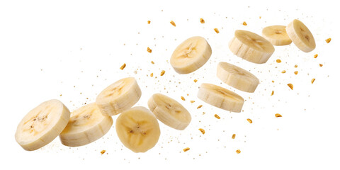 Dried sweet figs and yellow banana slices, healthy dried fruit snacks, are isolated on transparent background