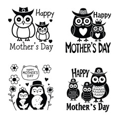 
Cute Mother's Day Owl Card  Cartoon Mom and Baby Animals