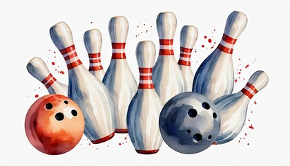 Watercolor Bowling Pins and Balls Dynamic Action Scene