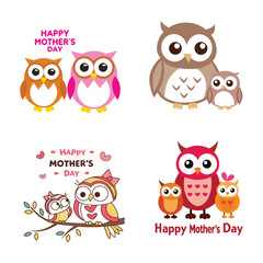 
Cute Mother's Day Owl Card  Cartoon Mom and Baby Animals