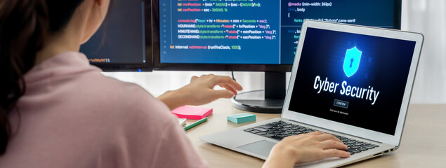 Cyber security system on computer screen protect private information brisk from hacker and cyber...
